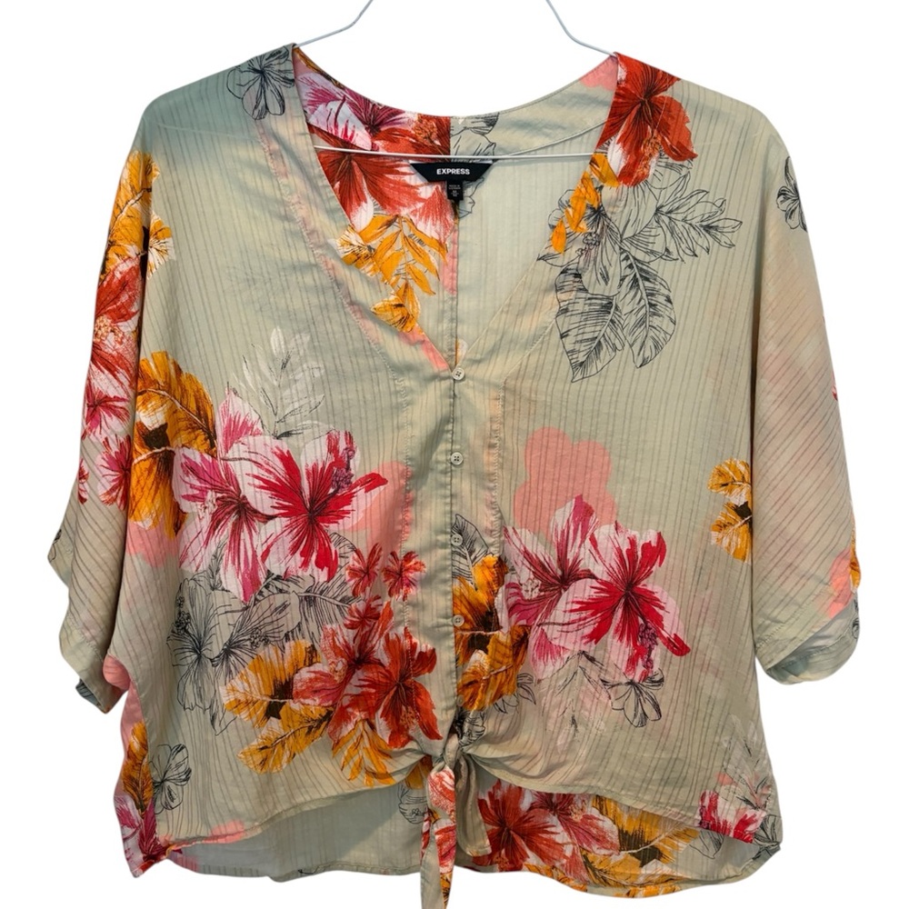 Express Floral Tie-Front Blouse - Pink, Orange, Yellow